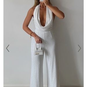 Showpo white sequin low neck jumpsuit